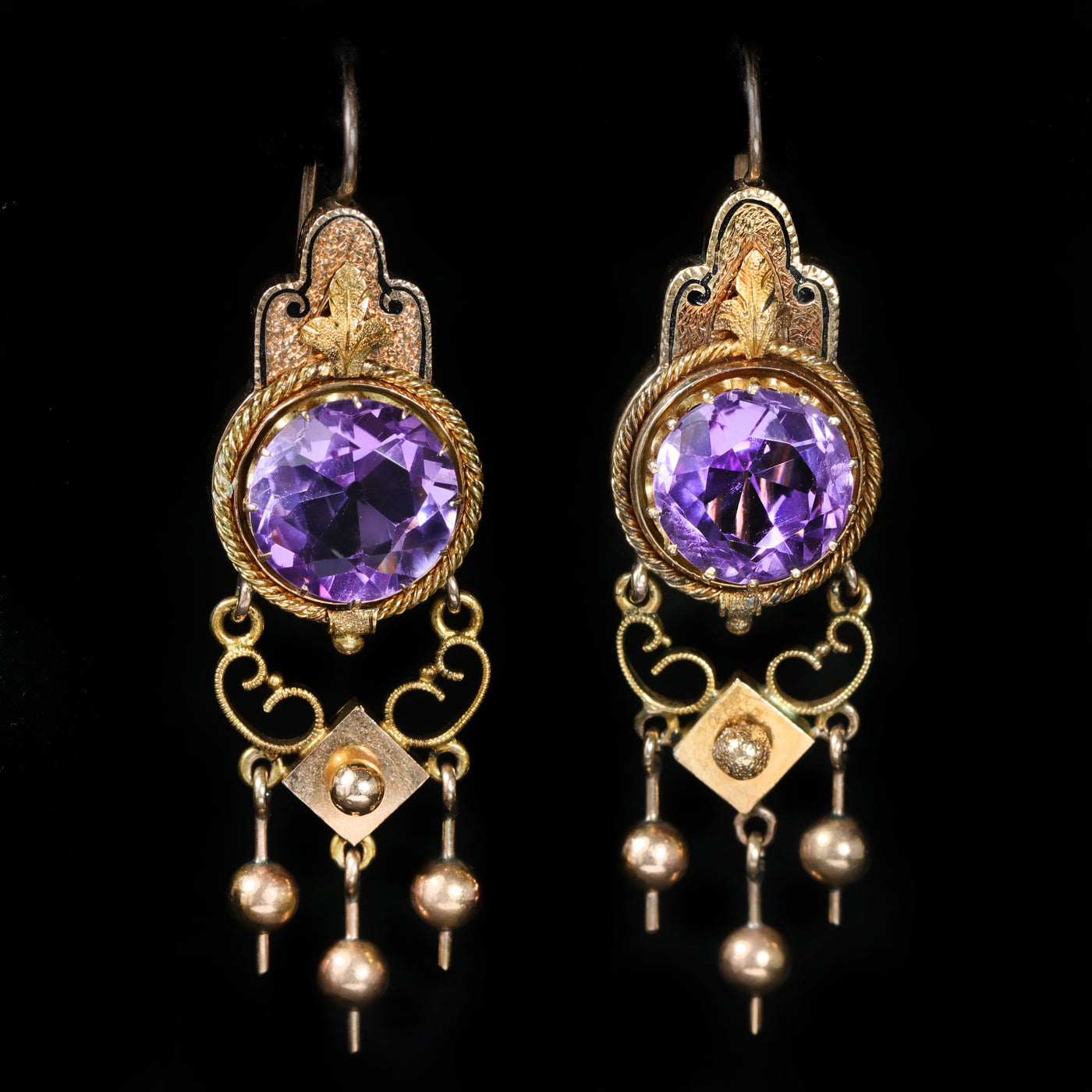 Victorian Etruscan Revival 6.25 CTW Amethyst and Black Enamel Dangle Earrings