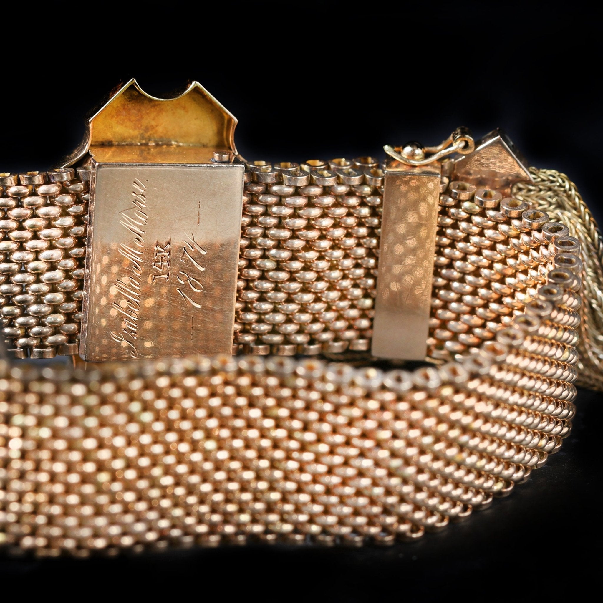 Victorian Seed Pearl and Enamel Mesh Tassel Bracelet, Circa 1874 - Walton's Jewelry