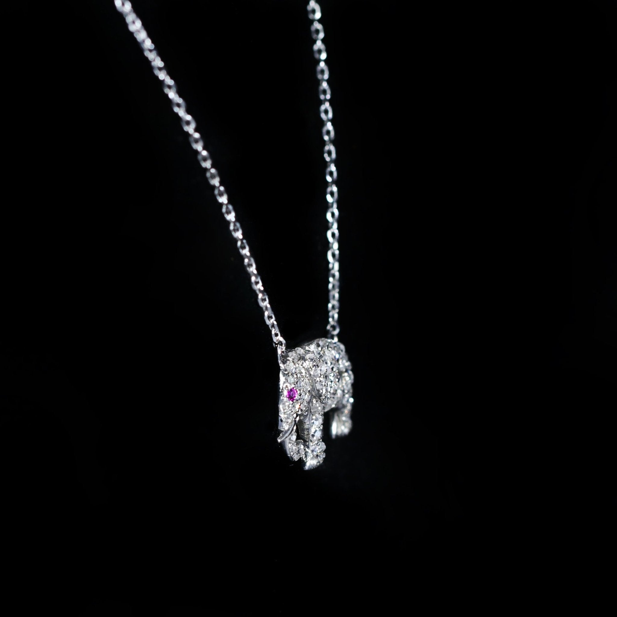 Estate 14K White Gold Diamond and Ruby Elephant Necklace - Walton's Jewelry