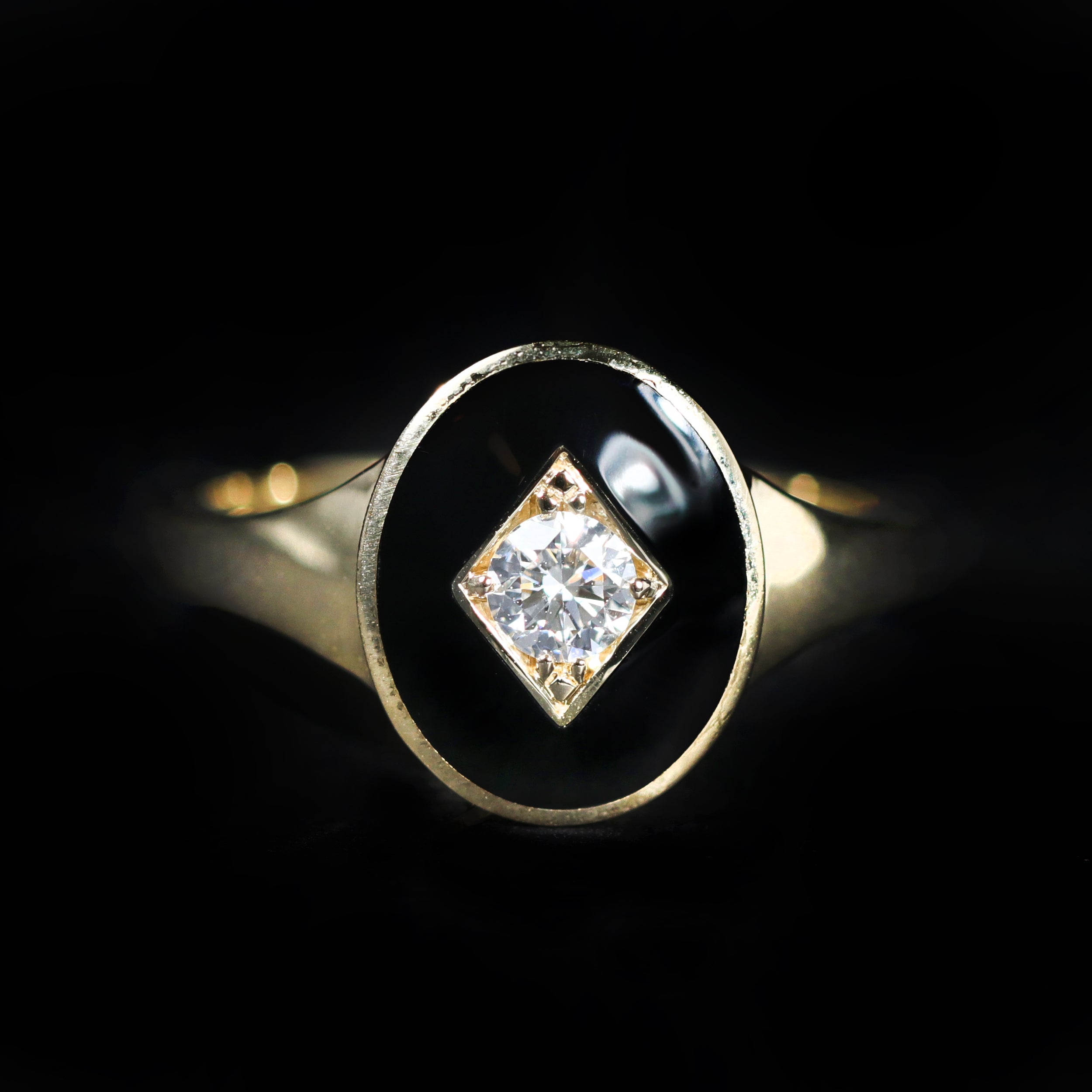 10K Yellow Gold 0.18 Carat Diamond and Enamel Signet Ring