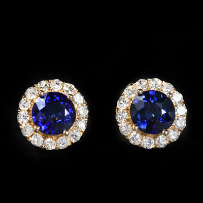 14K Yellow Gold 1.10 CTW Sapphire and Diamond Halo Stud Earrings