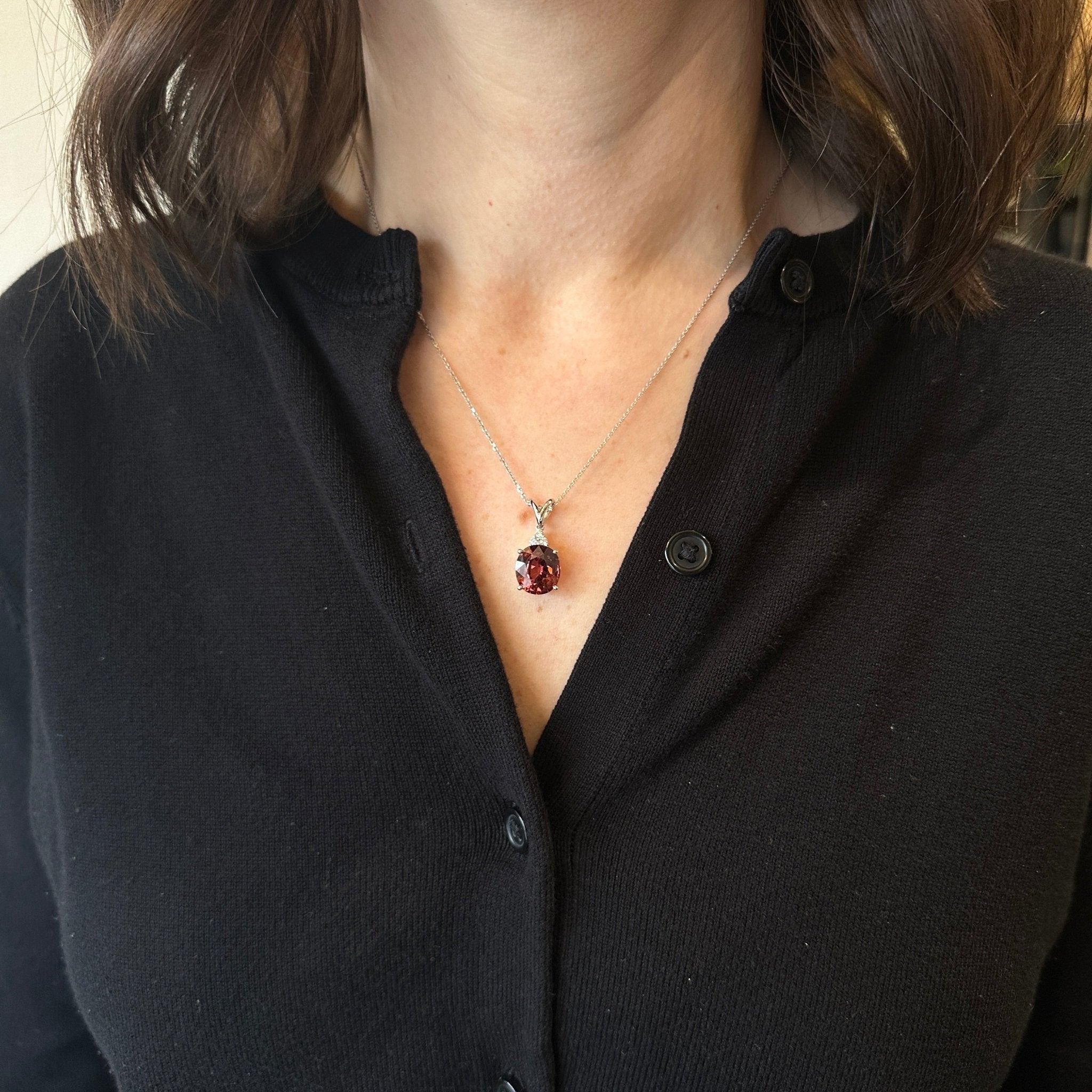 14K White Gold 9.61 Carat Red Zircon and Diamond Pendant - Walton's Jewelry