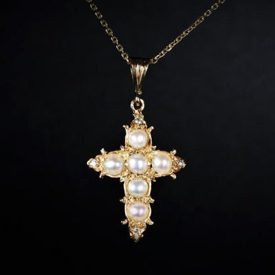 14K Yellow Gold Pearl and Diamond Cross Pendant