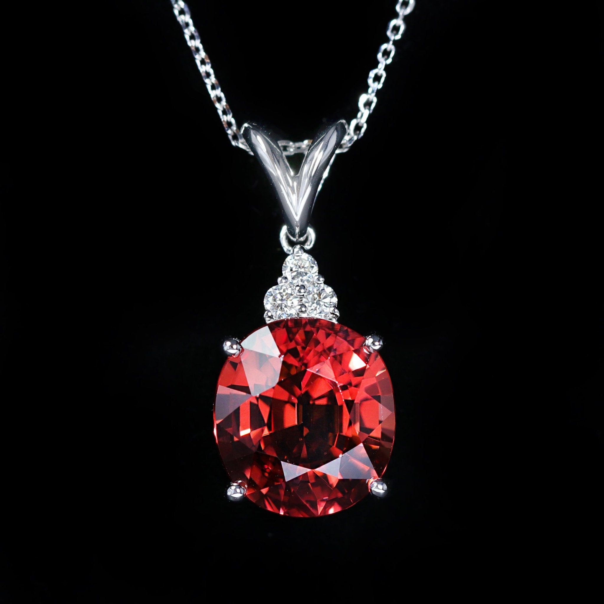 14K White Gold 9.61 Carat Red Zircon and Diamond Pendant - Walton's Jewelry