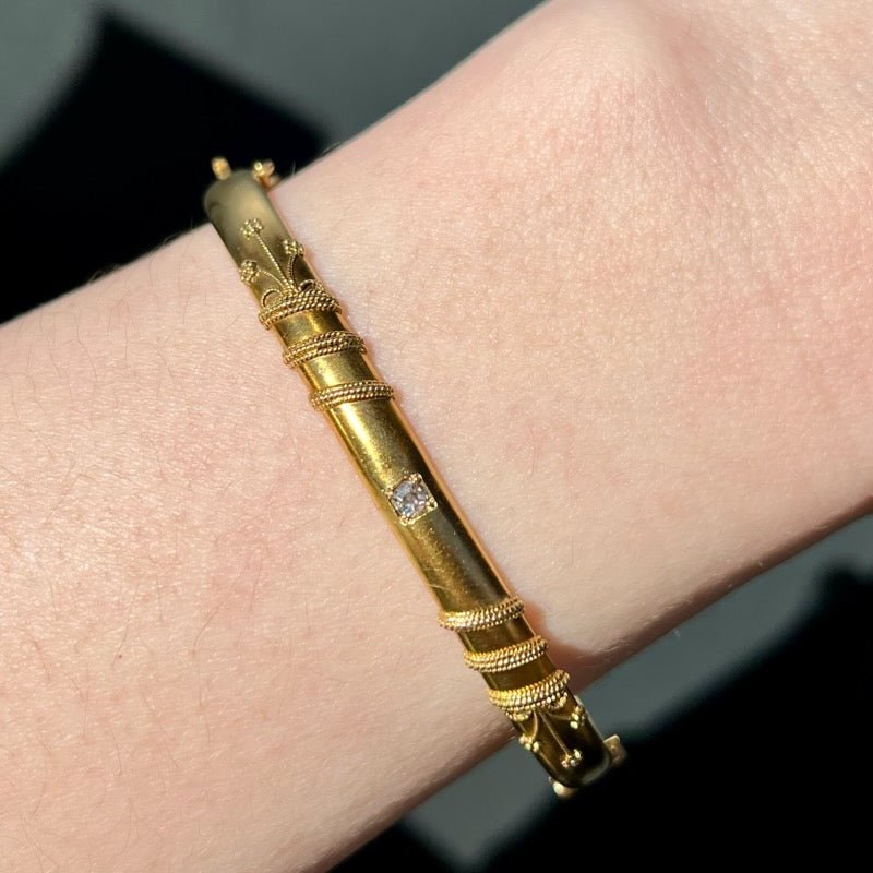 Victorian 18K Yellow Gold Etruscan Revival Diamond Bangle Bracelet - Walton's Jewelry