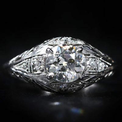 Art Deco Platinum 0.92 Carat Old European Cut Diamond Engagement Ring