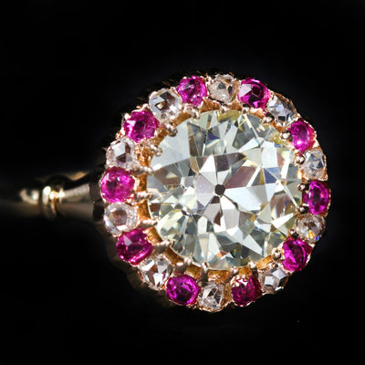 Estate 2.74 Carat Old Europan Cut Diamond and Ruby Engagement Ring
