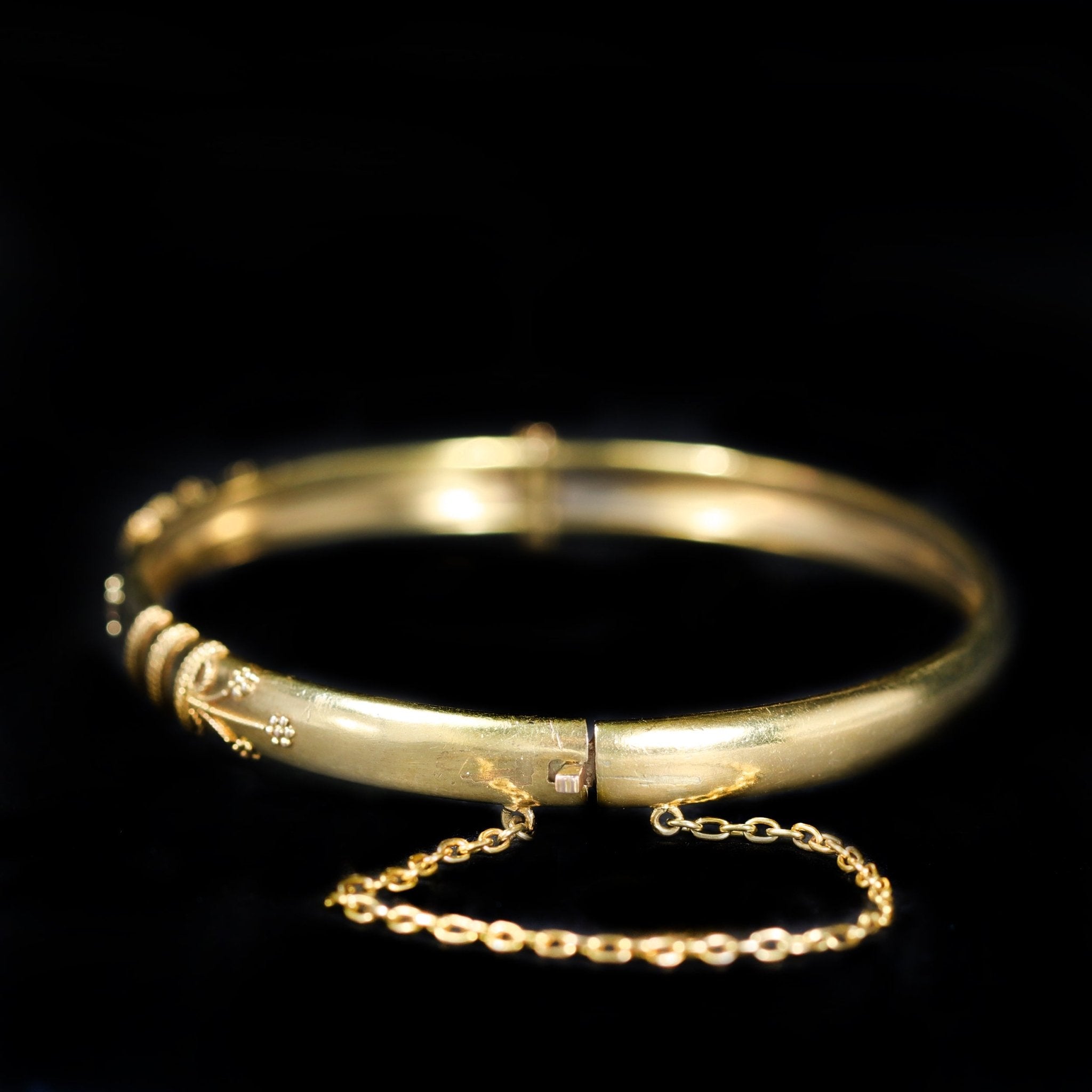 Victorian 18K Yellow Gold Etruscan Revival Diamond Bangle Bracelet - Walton's Jewelry