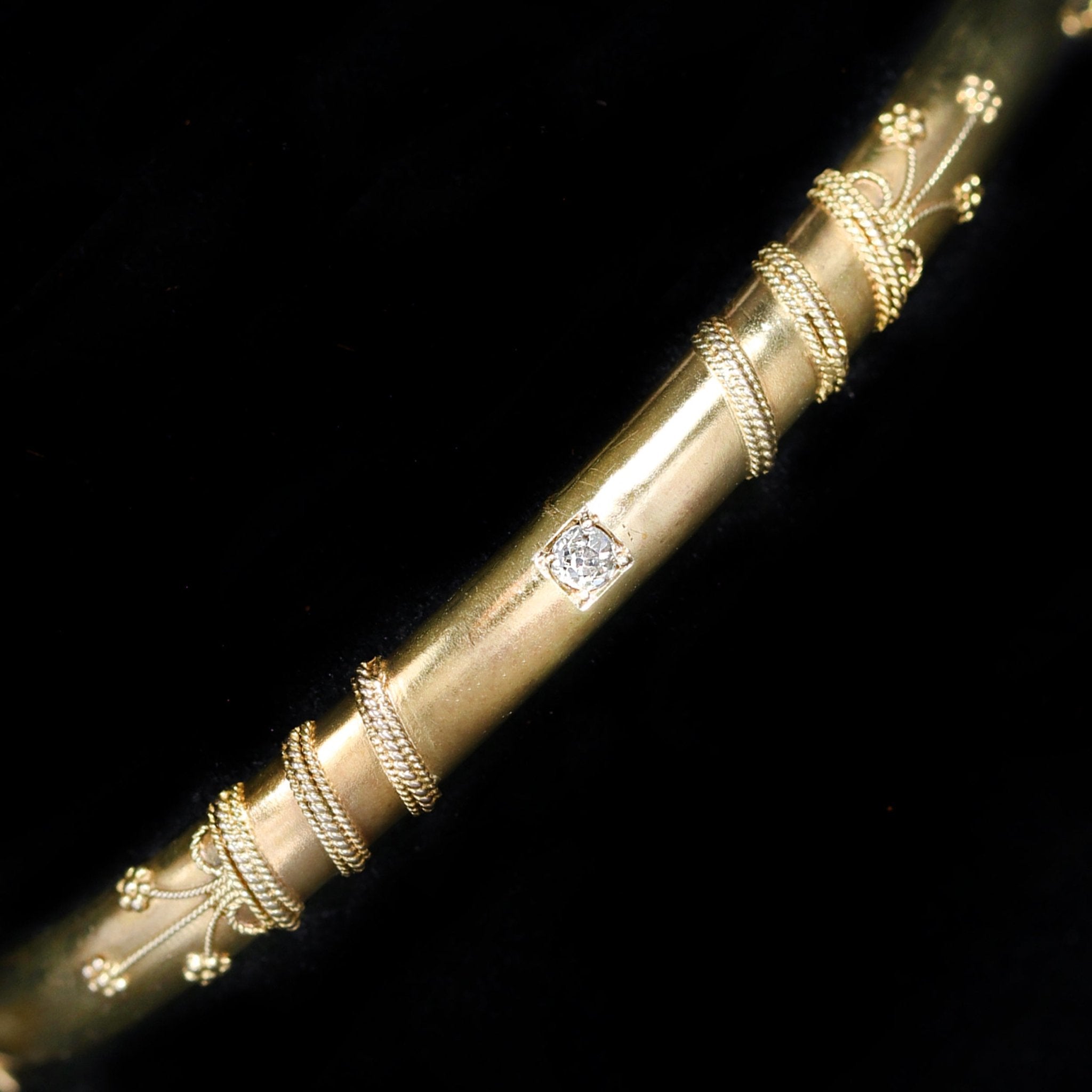 Victorian 18K Yellow Gold Etruscan Revival Diamond Bangle Bracelet - Walton's Jewelry