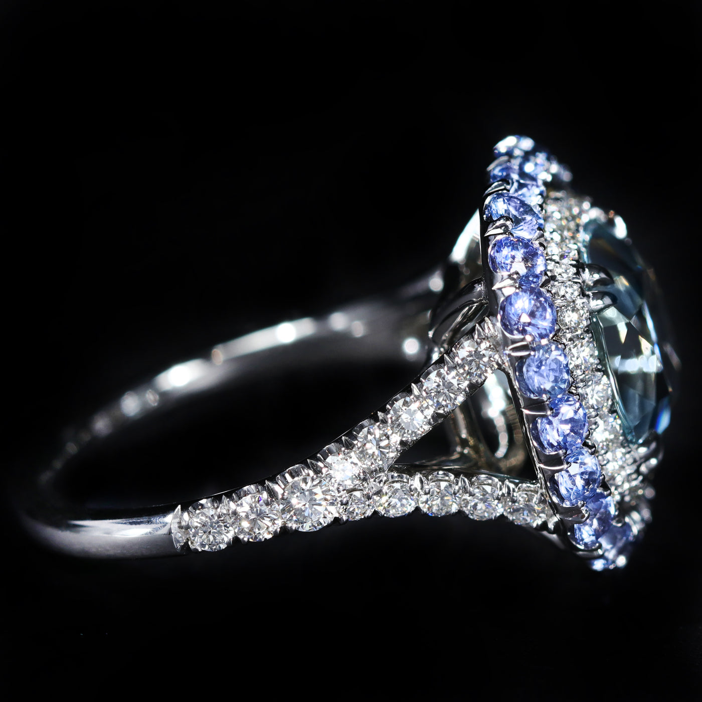 14K White Gold 3.33 Carat Aquamarine, Diamond, and Sapphire Ring