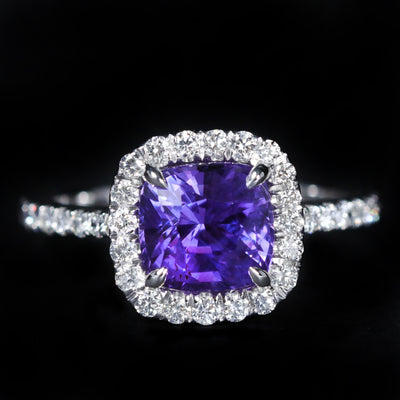 18K White Gold GIA 2.43 Carat Purple Sapphire and Diamond Ring
