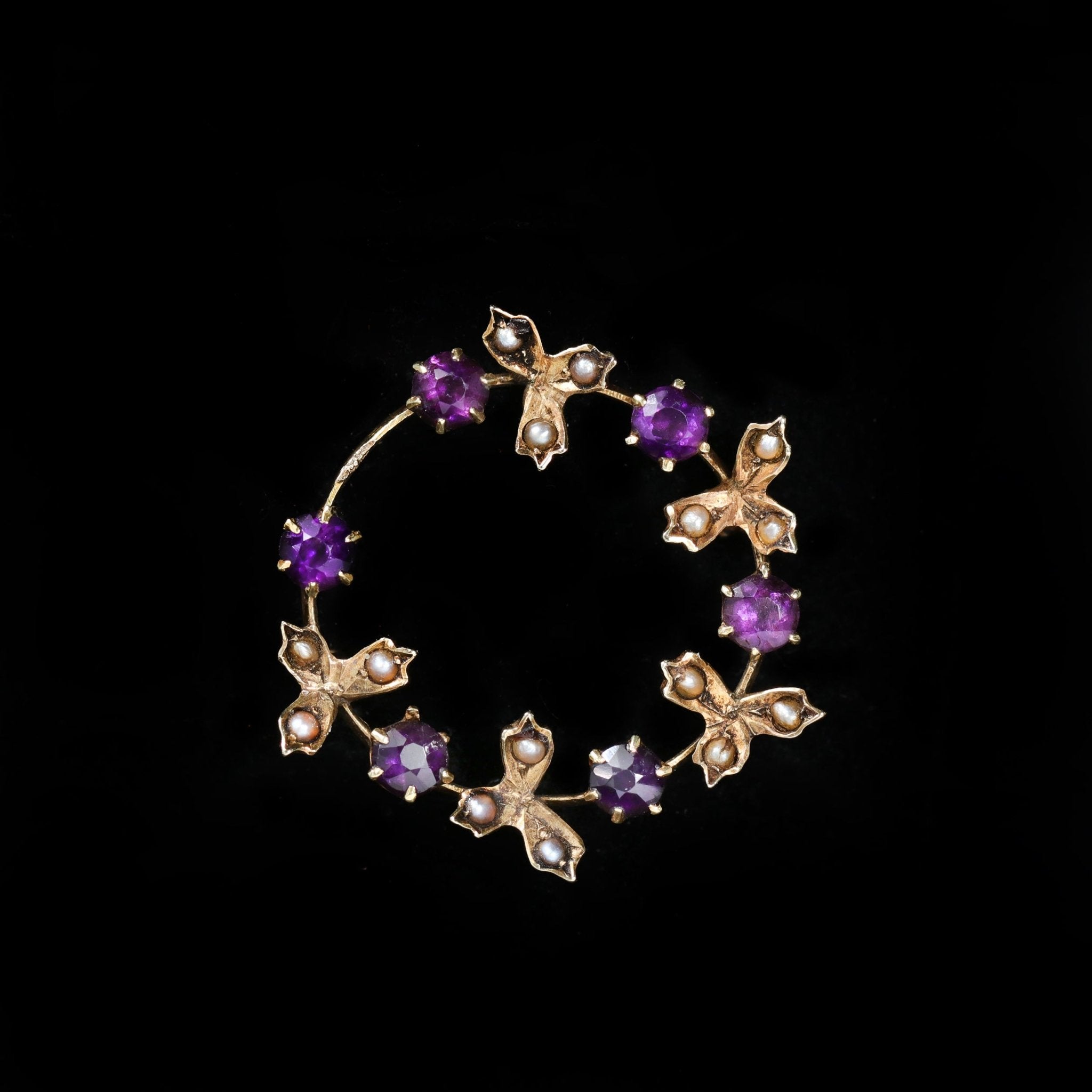 Victorian 14K Yellow Gold Amethyst and Pearl Brooch - Walton's Jewelry