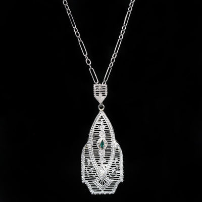 Art Deco Diamond and Green Glass Filigree Necklace