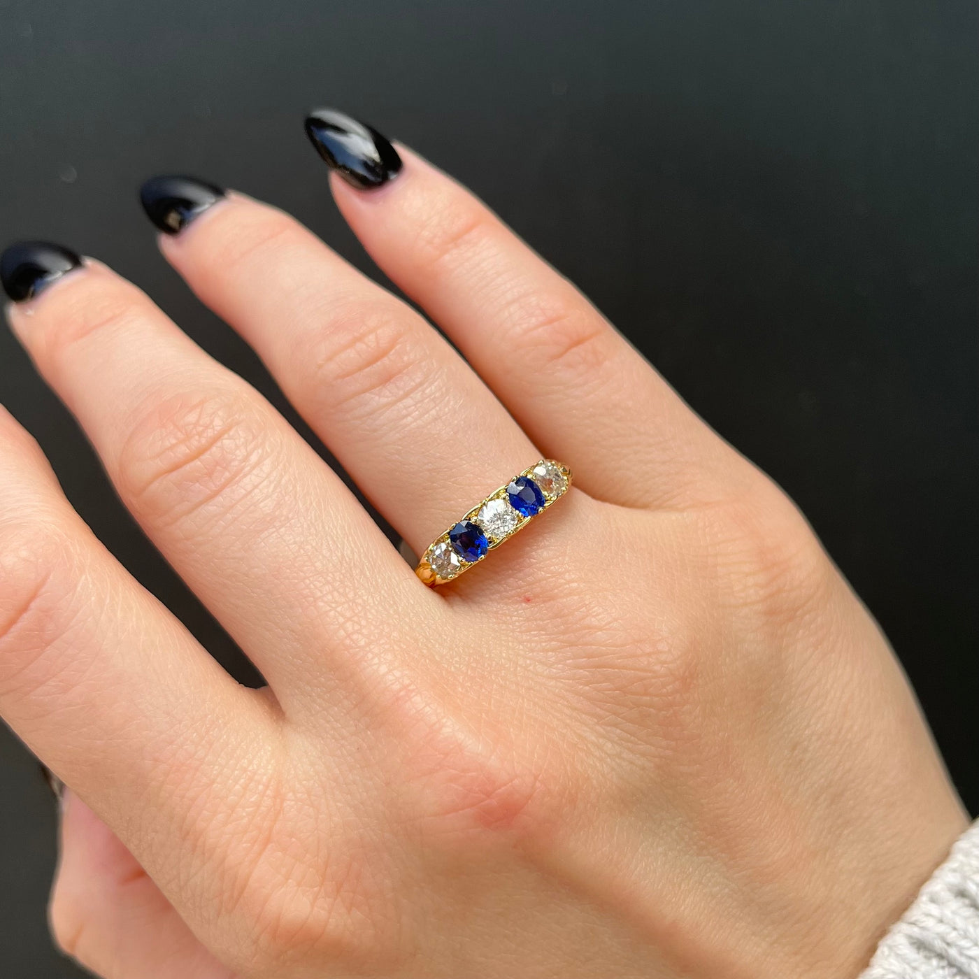 Victorian 18K Yellow Gold 0.70 CTW Old Mine Cut Diamond and Sapphire Ring