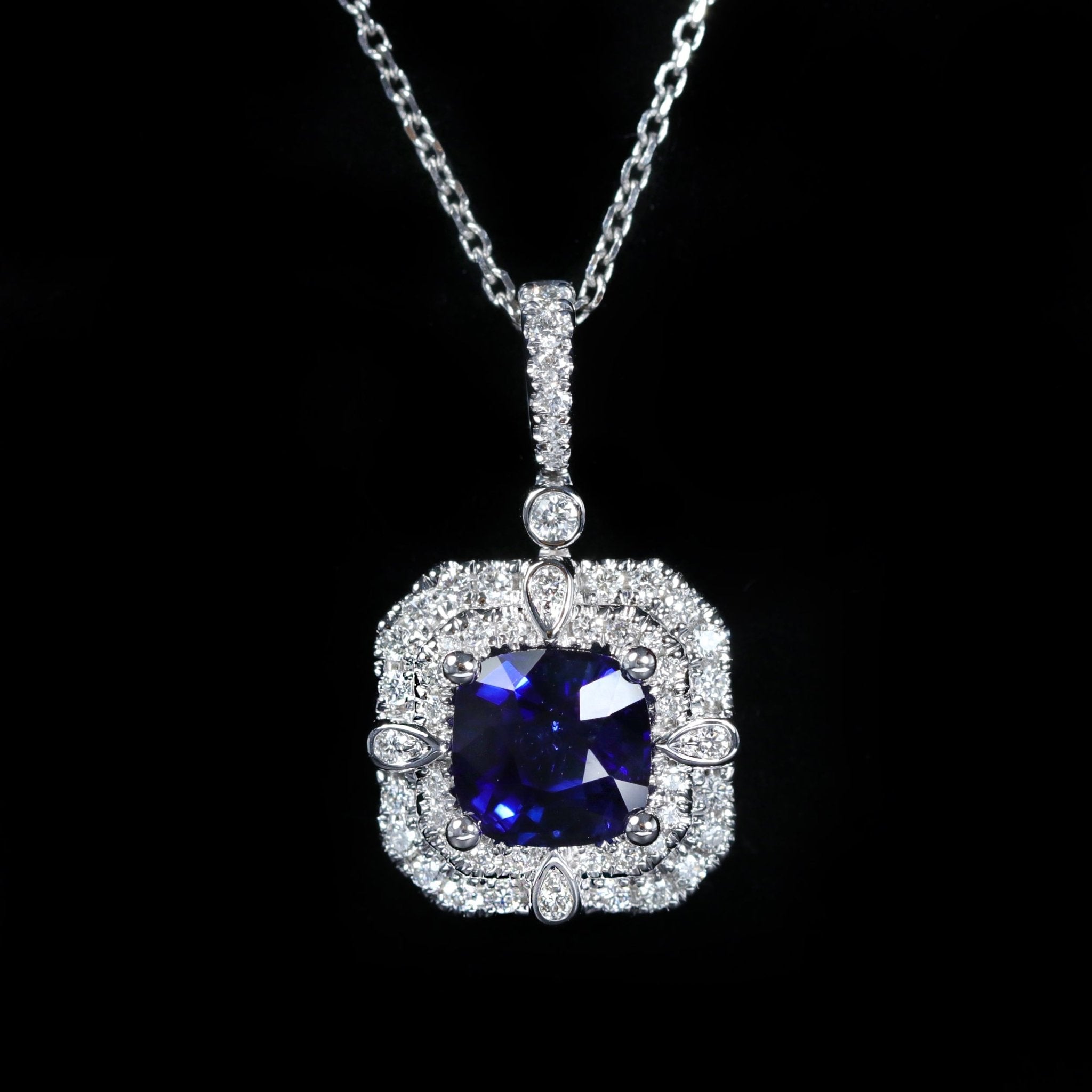 14K White Gold 1.72 Carat Sapphire and Diamond Pendant - Walton's Jewelry