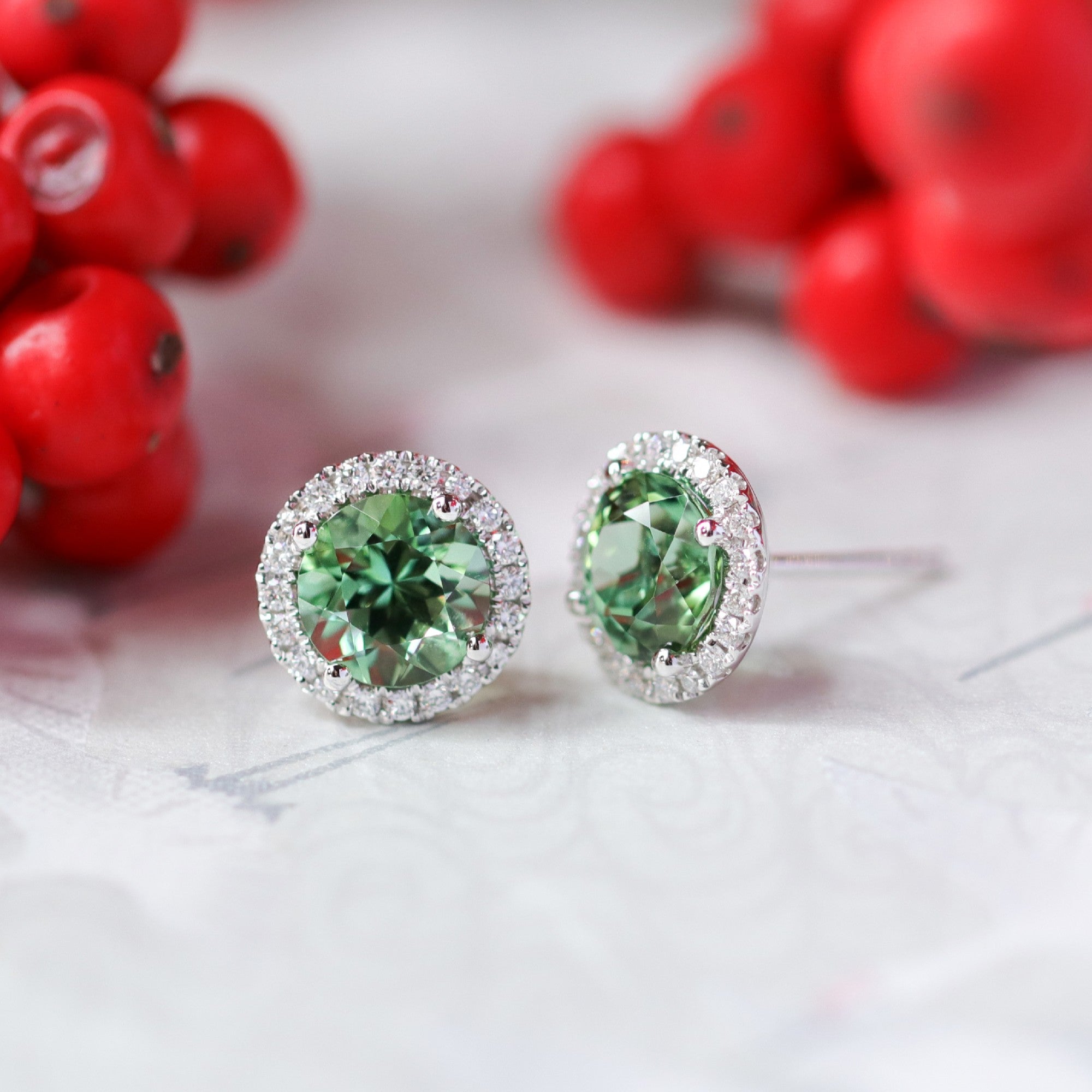 14K White Gold 2.99 CTW Tourmaline and Diamond Halo Stud Earrings - Walton's Jewelry