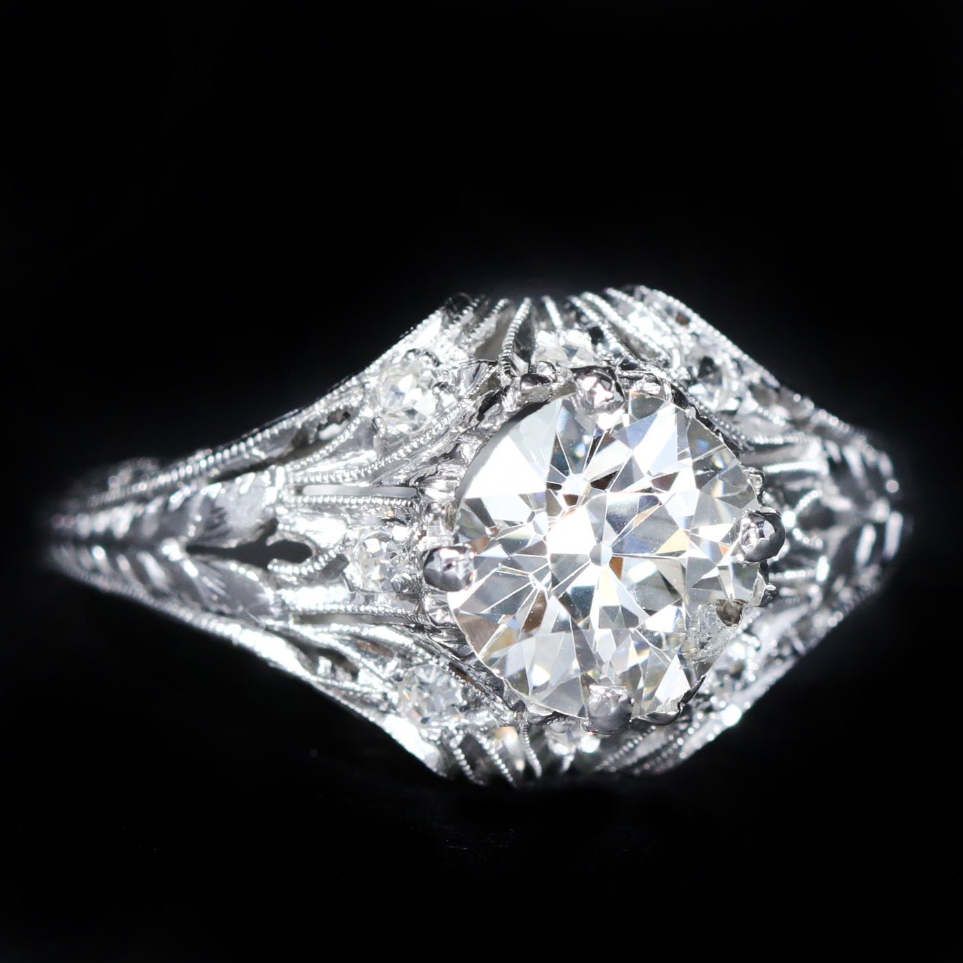 Art Deco Platinum 1.32 Carat Old European Cut Diamond Engagement Ring