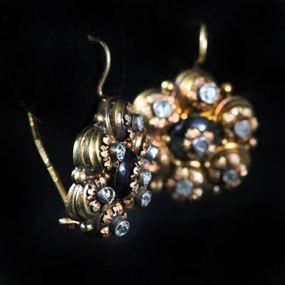 Victorian 14k Yellow Gold Onyx and Diamond Earrings