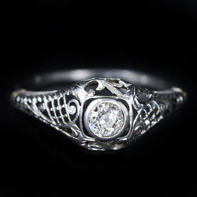 Art Deco 18K White Gold 0.36 Carat Old Mine Cut Diamond Engagement Ring