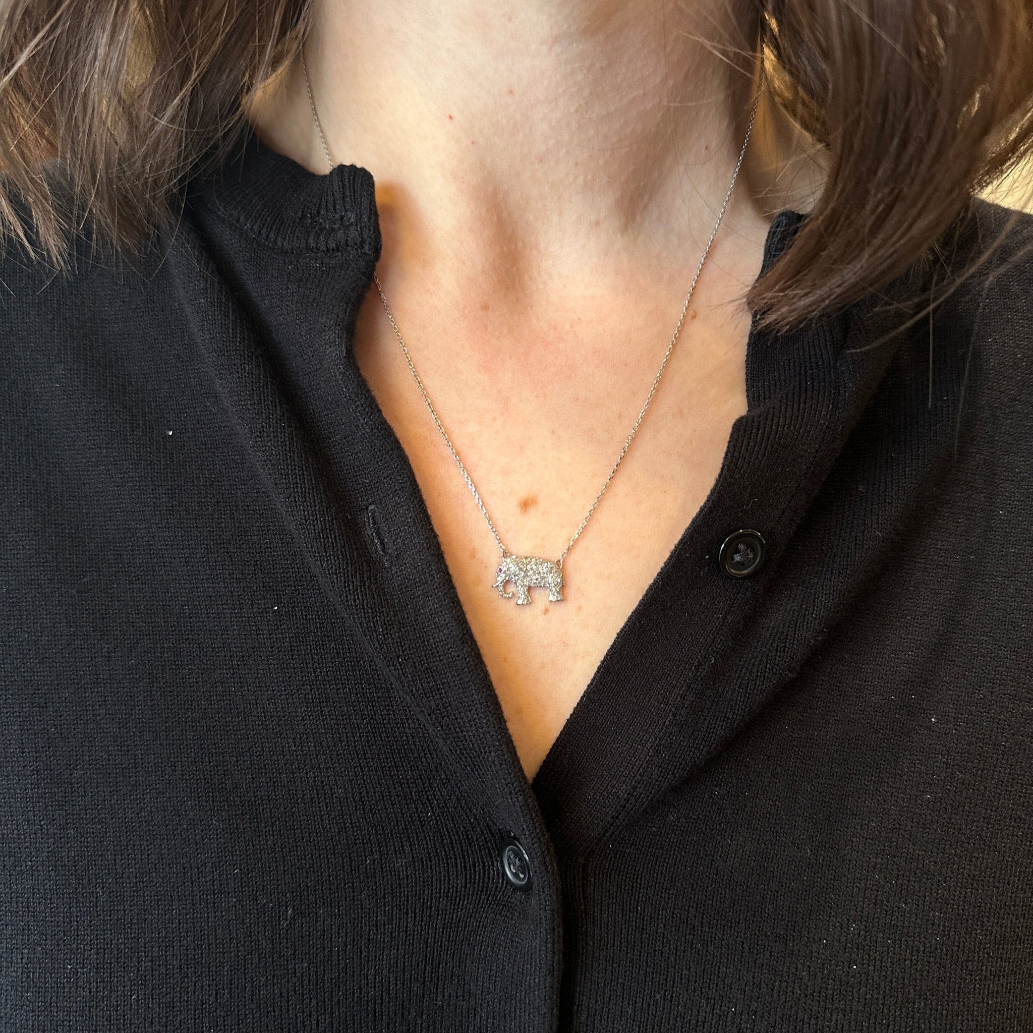 Estate 14K White Gold Diamond and Ruby Elephant Necklace - Walton's Jewelry