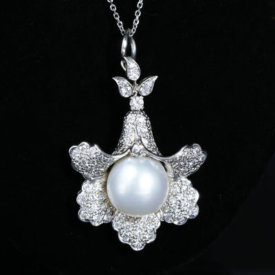 Mid-Century Pearl and Diamond Flower Pendant
