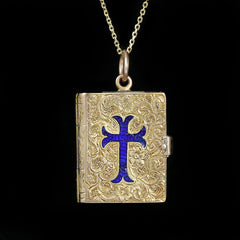 Victorian 18K Yellow Gold and Blue Enamel Bible Locket Pendant - Walton's Jewelry