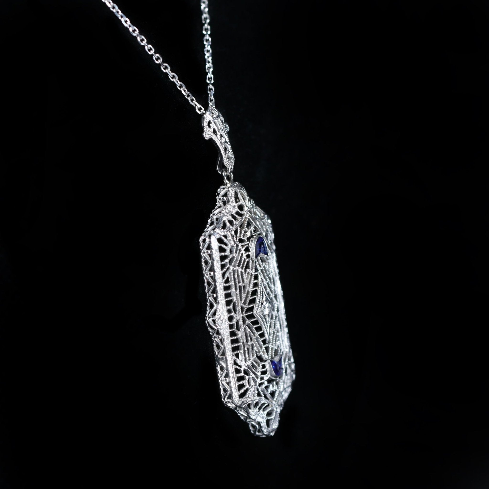 Edwardian 14K White Gold, Diamond, and Synthetic Sapphire Pendant - Walton's Jewelry