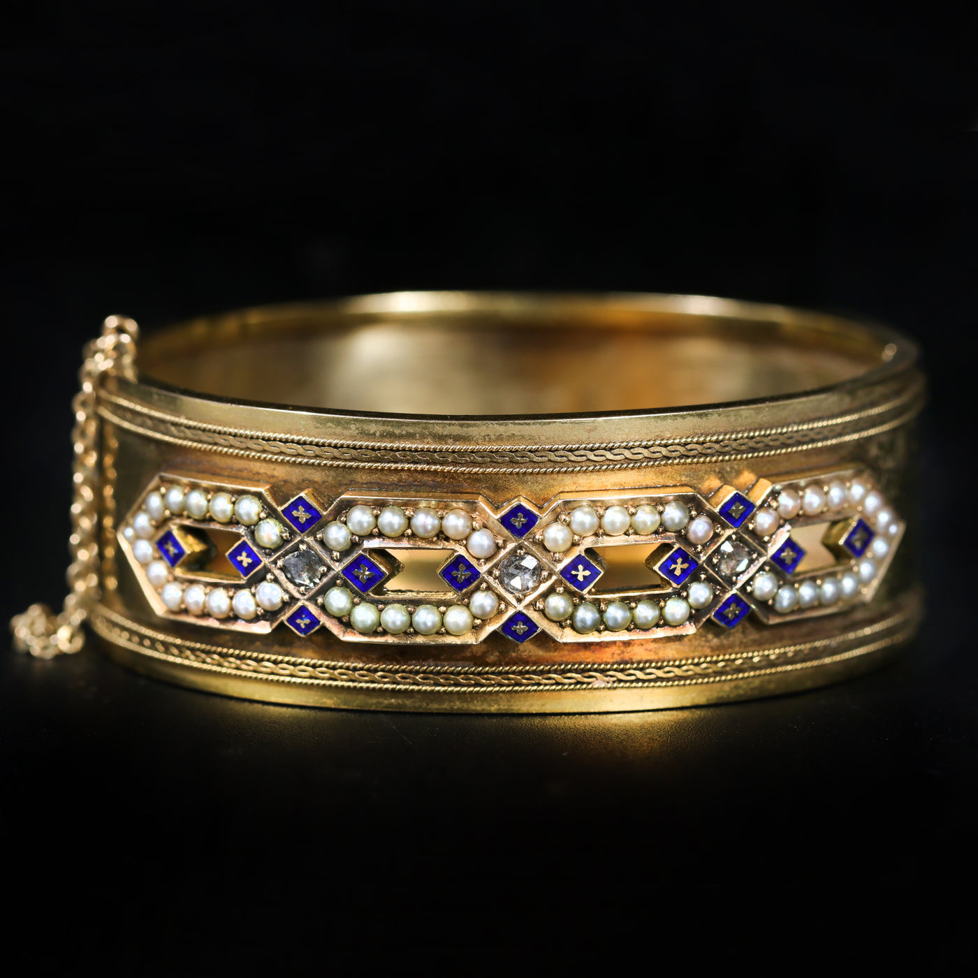 Victorian 14K Yellow Gold Pearl, Diamond, and Blue Enamel Bangle Bracelet