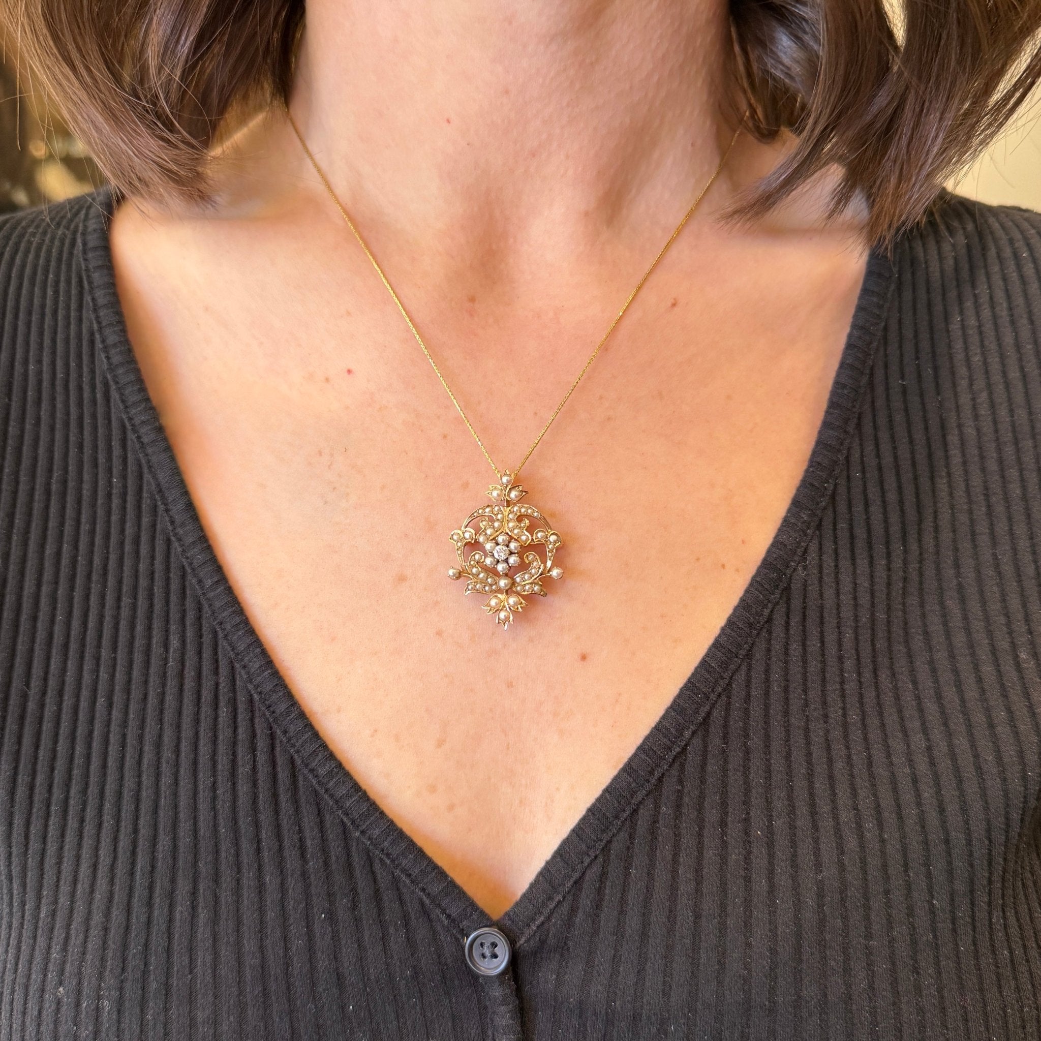 Victorian 14K Yellow Gold Diamond and Pearl Pendant/Brooch - Walton's Jewelry
