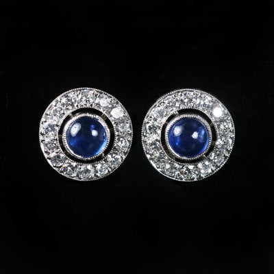 Estate Platinum 2.44 CTW Sapphire Cabochon and Diamond Stud Earrings