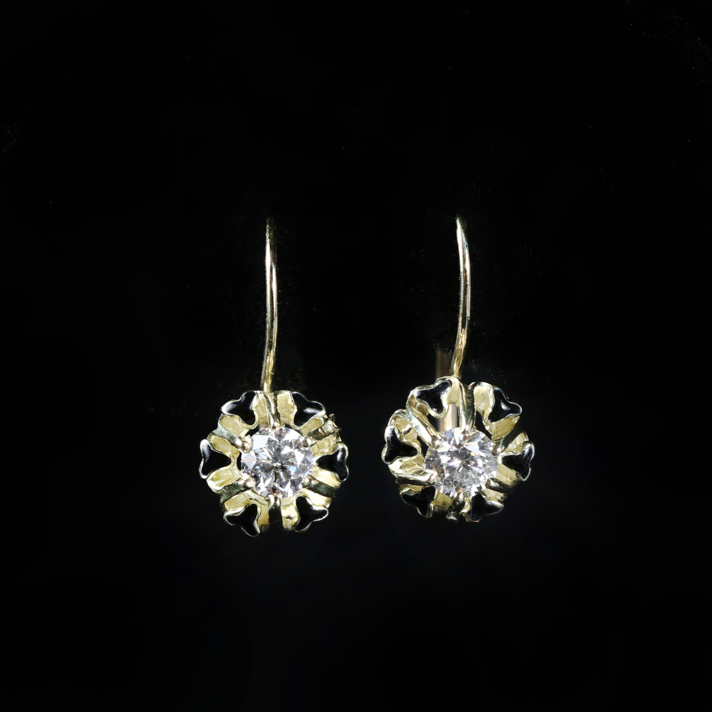 14K Yellow Gold 0.61 Carat Diamond and Black Enamel Dangle Earrings