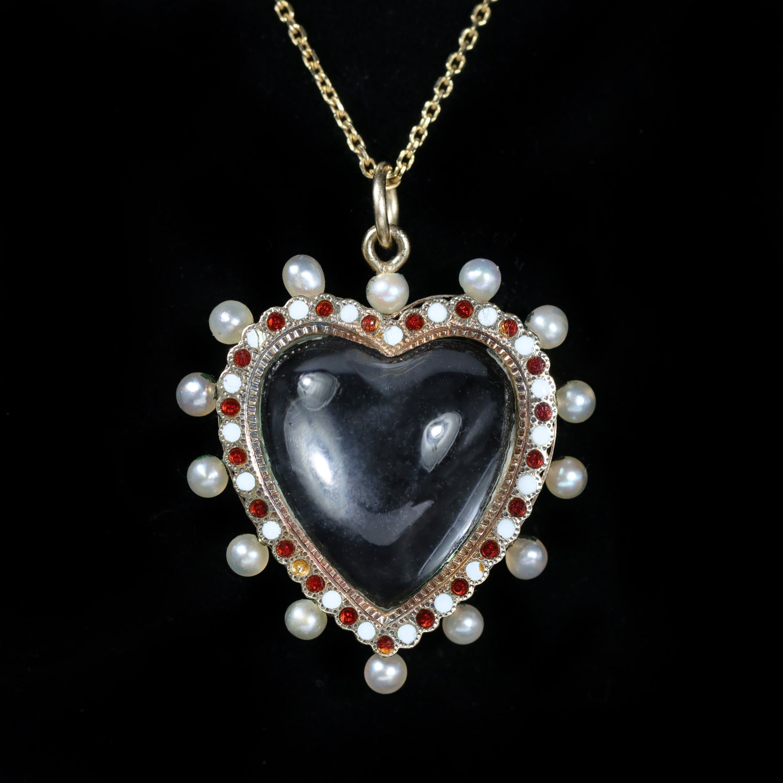 Victorian 14K Yellow Gold Rock Crystal and Pearl Heart Pendant