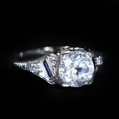 Art Deco 18K White Gold 1.70 Carat Zircon and Diamond Ring