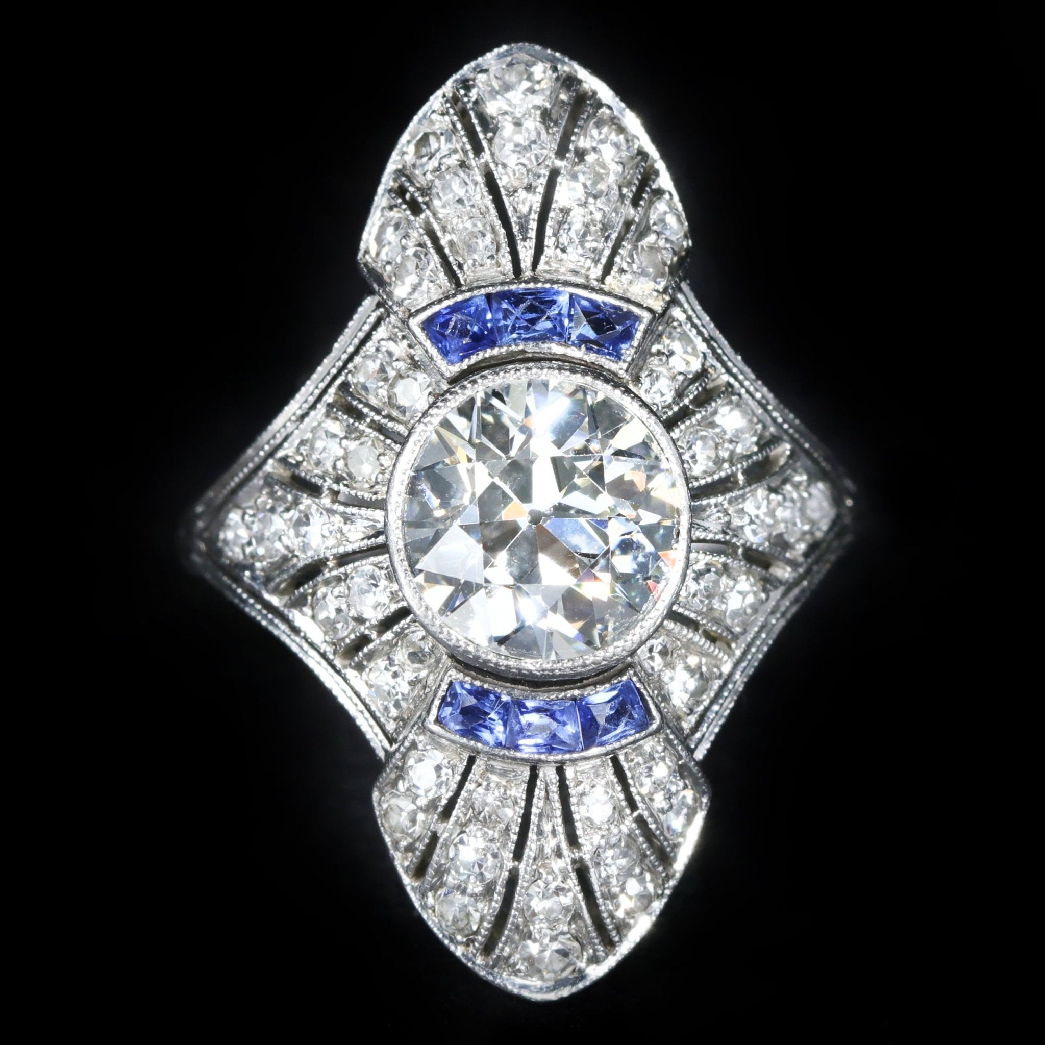 Art Deco 1.60 Carat Old European Cut Diamond and Sapphire Ring - Walton's Jewelry