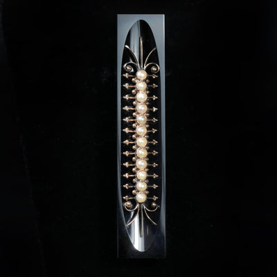 Victorian 14k Yellow Gold Onyx and Seed Pearl Bar Brooch