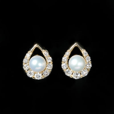 14k Yellow Gold Pearl and Diamond Stud Earrings