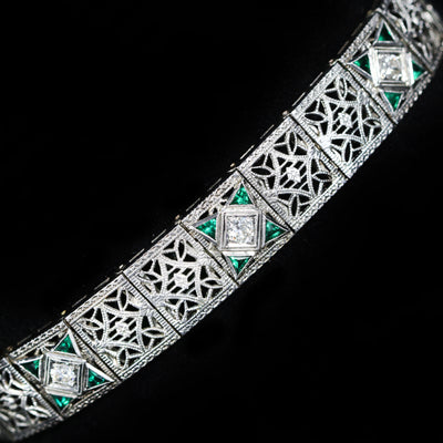 Art Deco 18K White Gold 0.50 CTW Diamond and Synthetic Emerald Bracelet