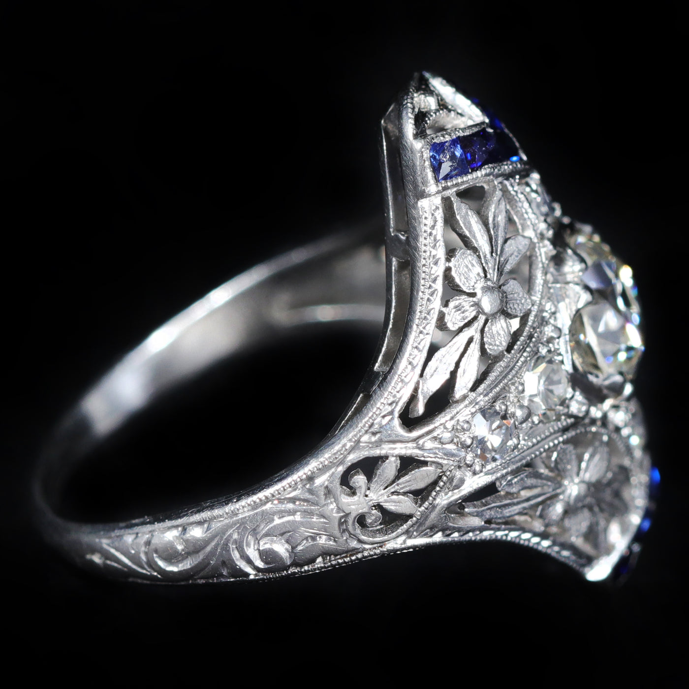 Art Deco GIA 0.73 Carat Old European Cut Diamond and Sapphire Ring