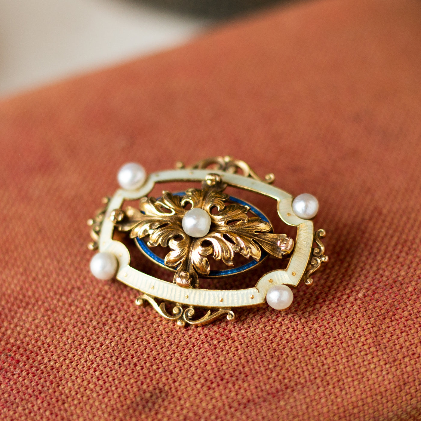Art Nouveau 14k Yellow Gold Pearl and Enamel Brooch
