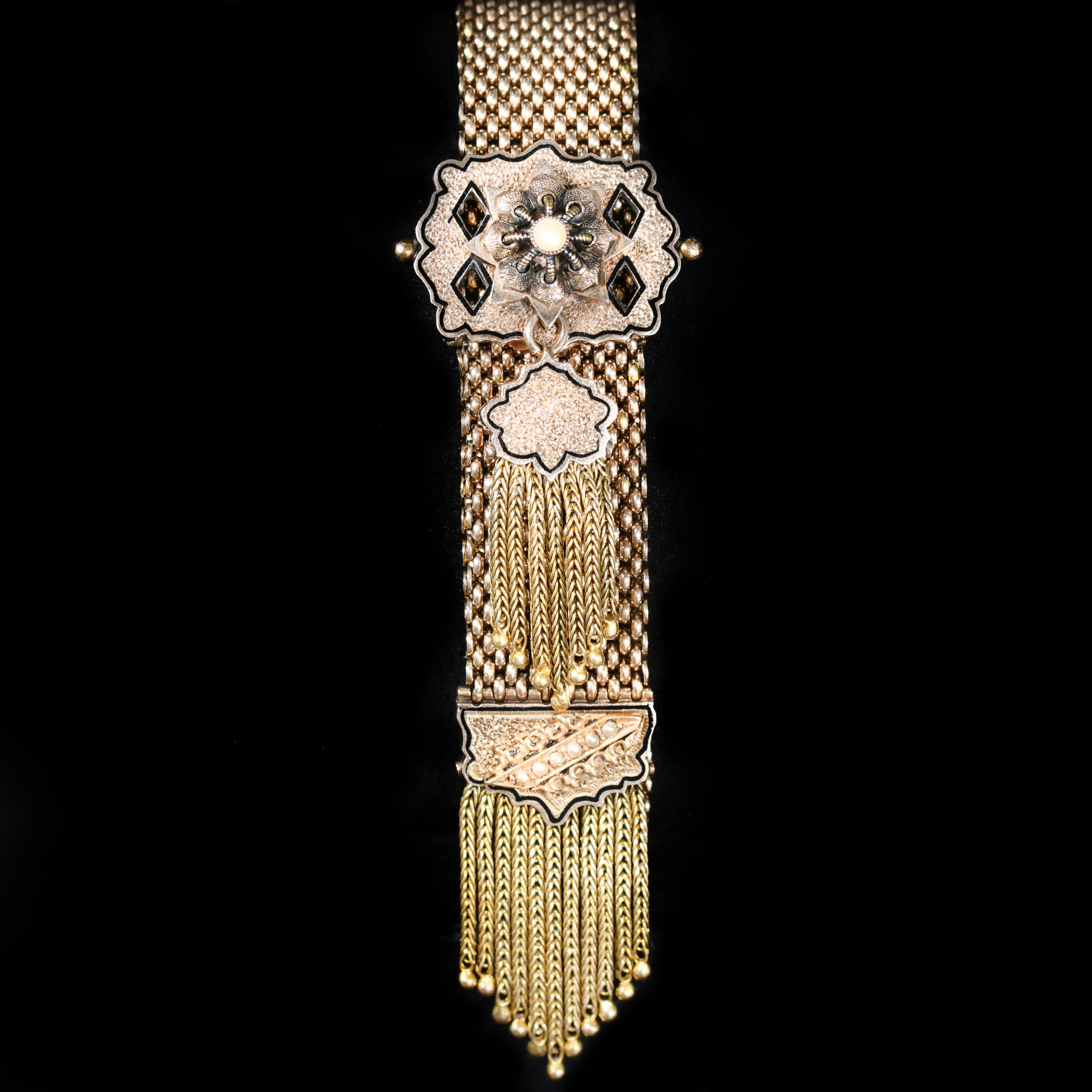 Victorian Seed Pearl and Enamel Mesh Tassel Bracelet