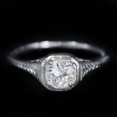 Art Deco Platinum 0.50 Carat Old European Cut Diamond Engagement Ring