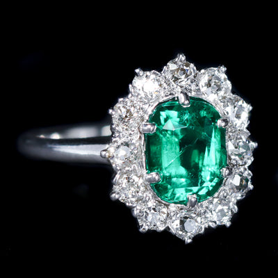 Platinum AGL 1.35 Carat Colombian Emerald and Old European Cut Diamond Ring