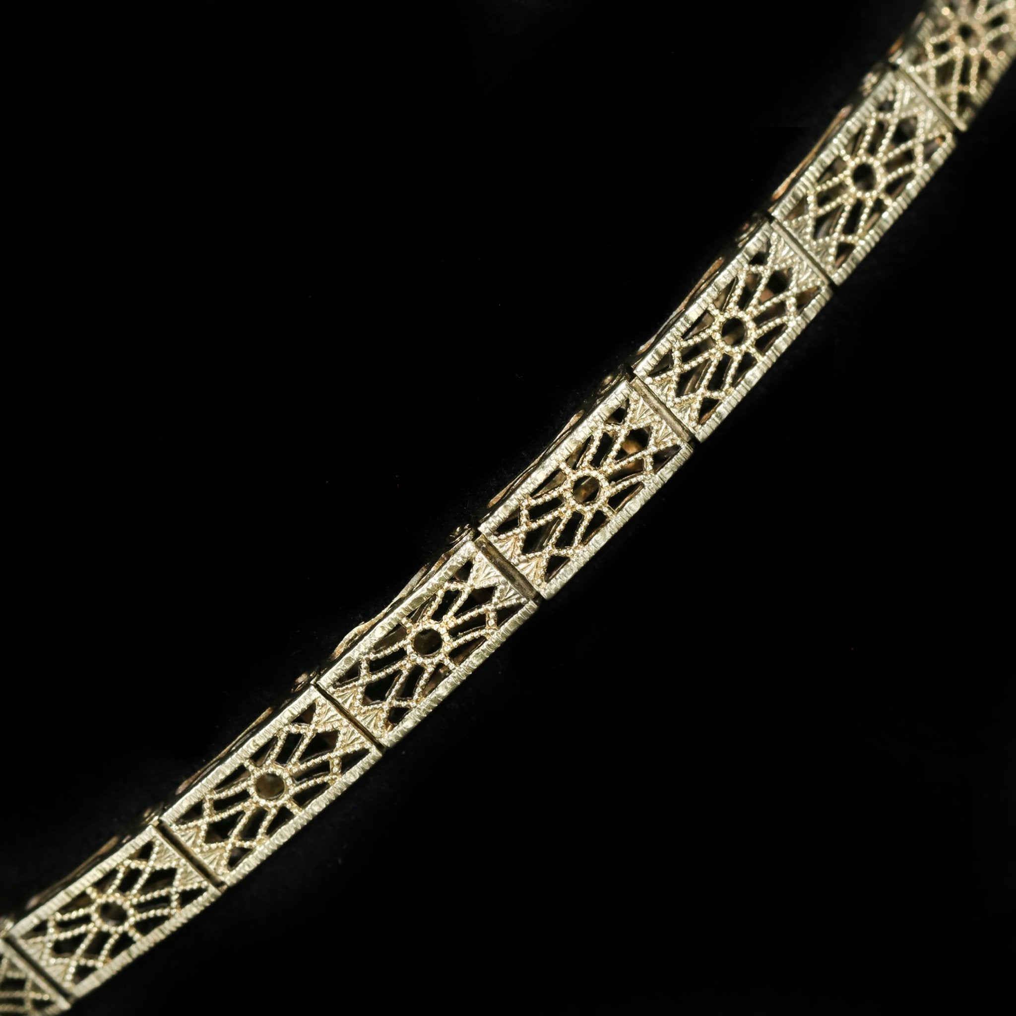 Art Deco 14k Yellow Gold Filigree Bracelet, 7.25" - Walton's Jewelry