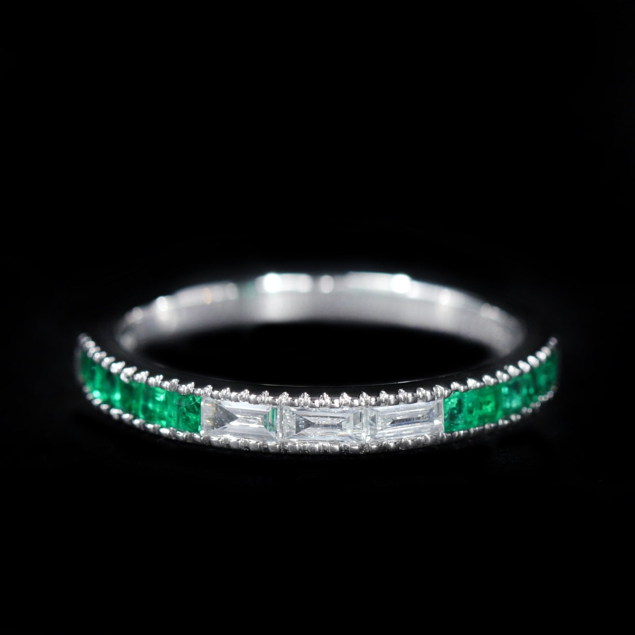 18K White Gold 0.21 CTW Baguette Diamond and Emerald Band - Walton's Jewelry