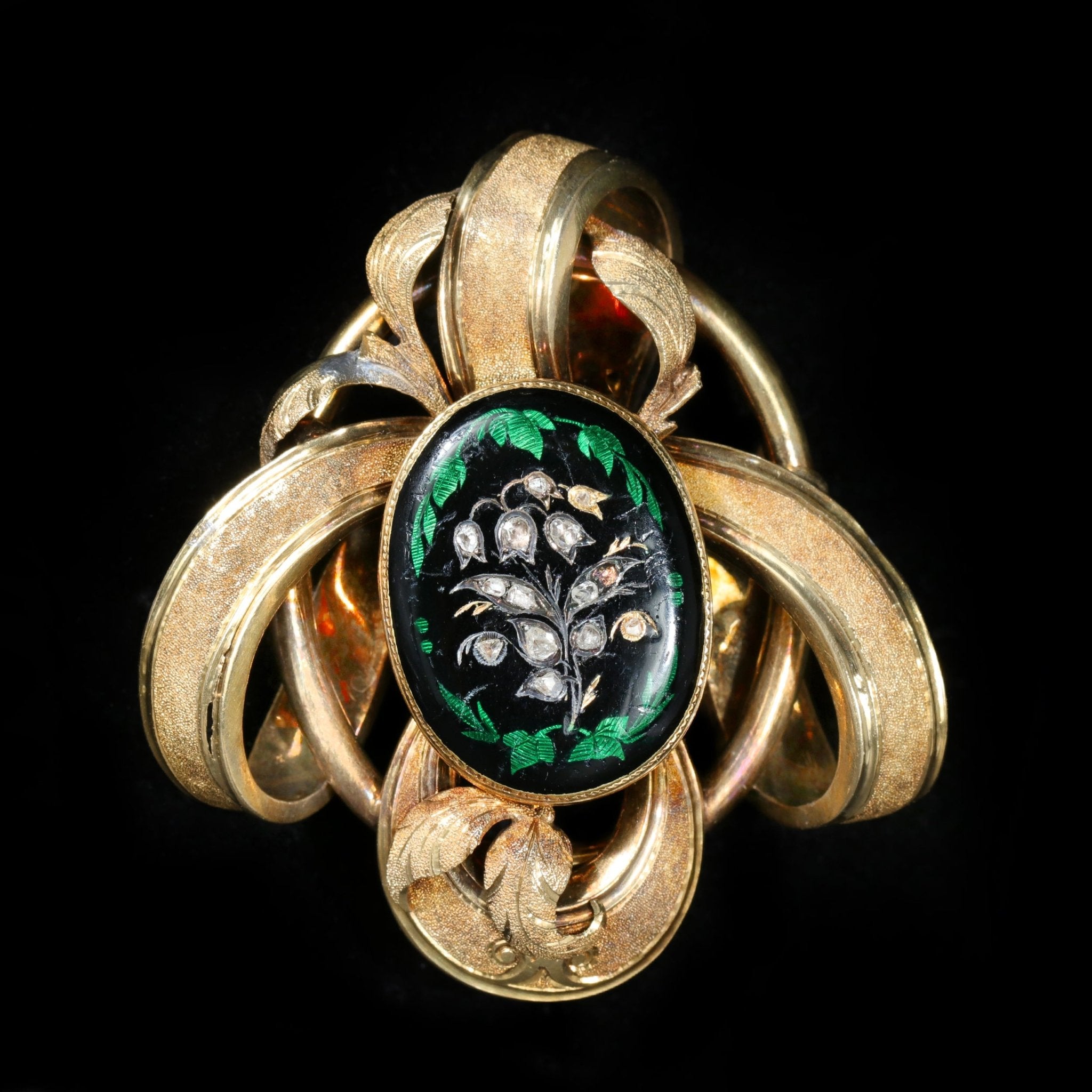 Victorian 18K Yellow Gold Rose Cut Diamond and Enamel Brooch - Walton's Jewelry