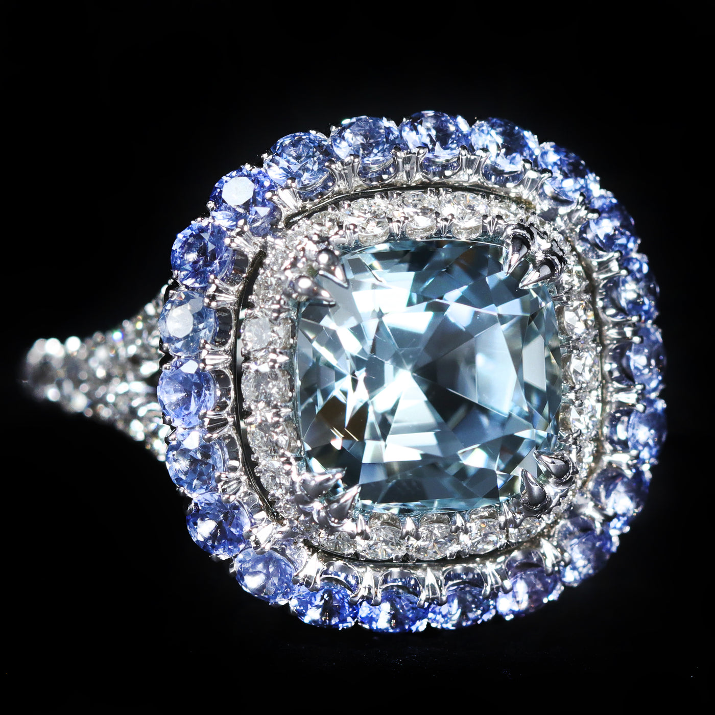 14K White Gold 3.33 Carat Aquamarine, Diamond, and Sapphire Ring