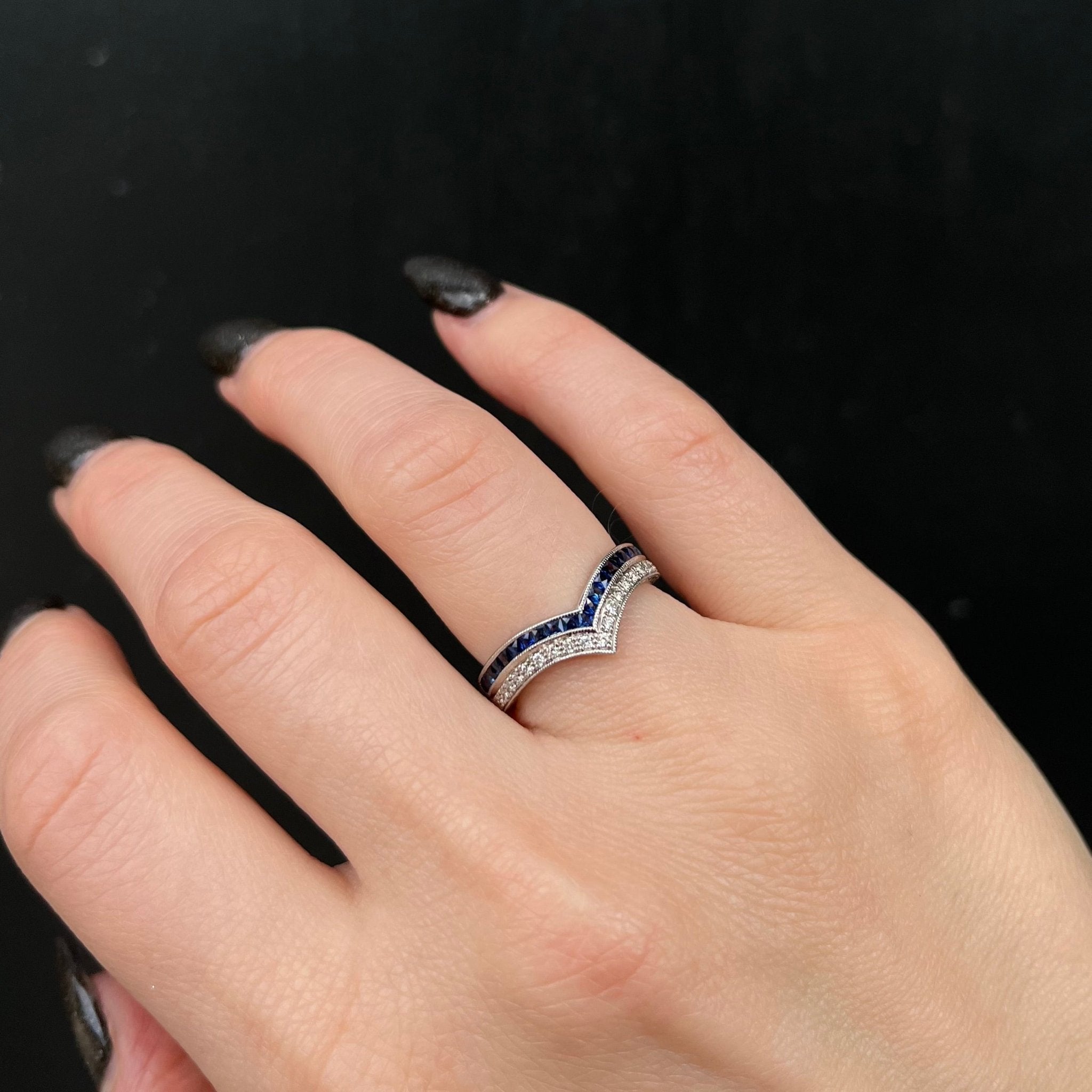 Platinum 0.16 Carat Diamond and French Cut Blue Sapphire Curve Band - Walton's Jewelry