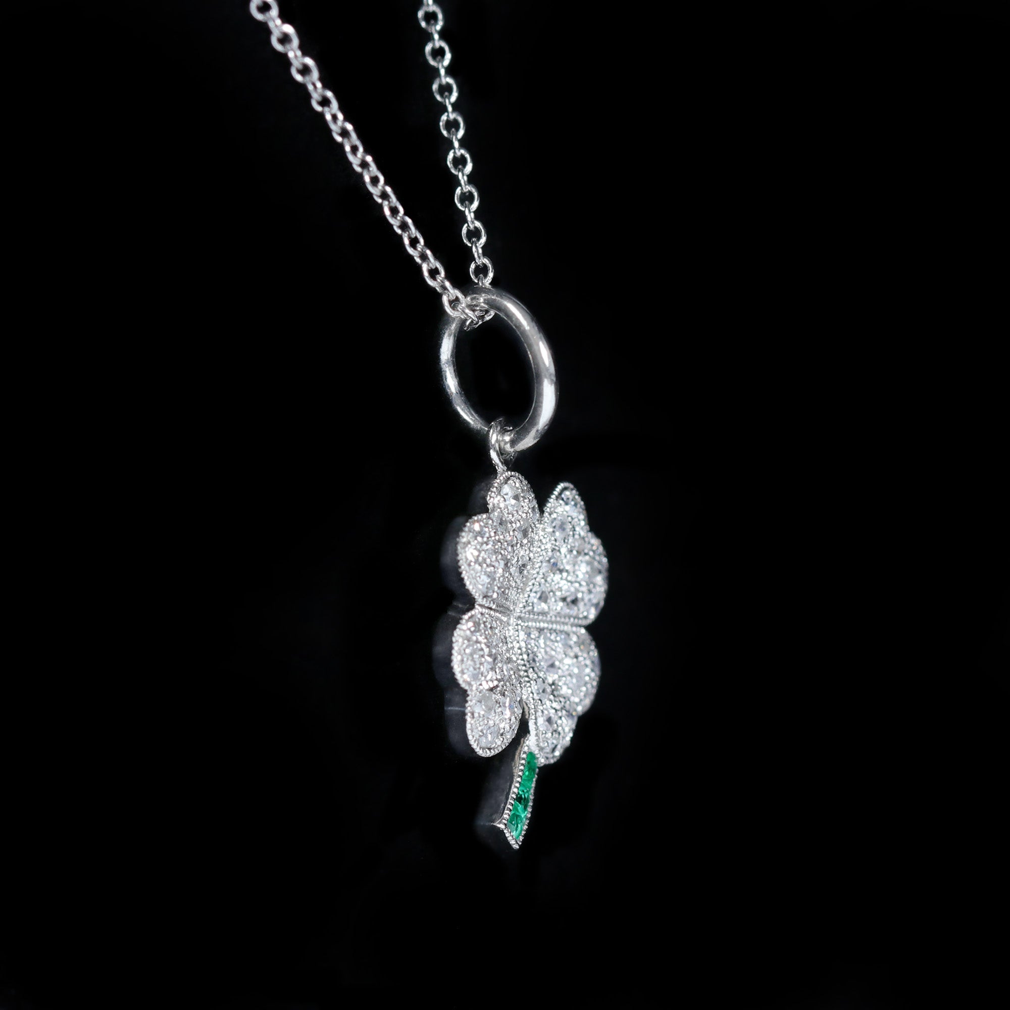 Platinum Diamond and Emerald Clover Charm Pendant