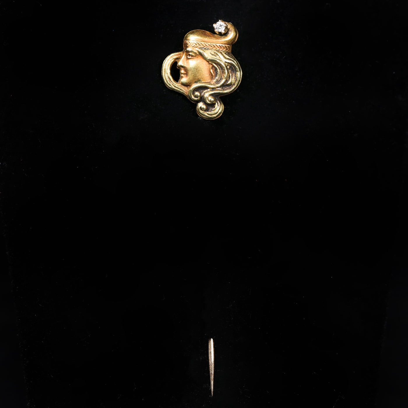 Art Nouveau 14K Yellow Gold Lady and Diamond Stick Pin