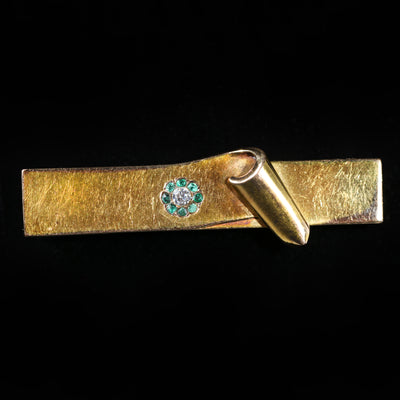 Victorian 18K Yellow Gold 0.06 Carat White Sapphire and Emerald Brooch